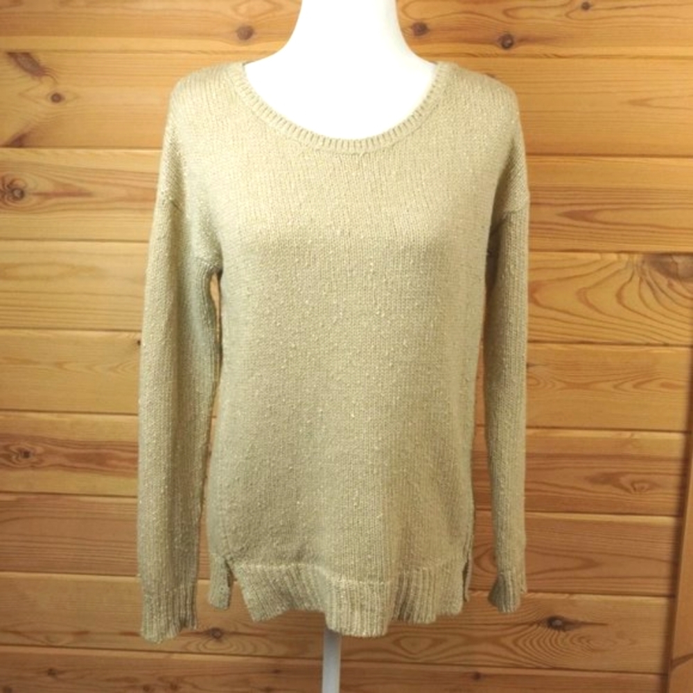 Banana Republic Gold Shimmery Crew Neck Zipper Sides Wool Blend Sweater SZ Small